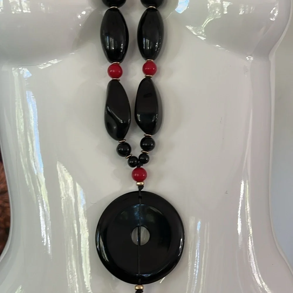 27” Black and Red Lucite w 5” Tassel Asian Inspired Necklace